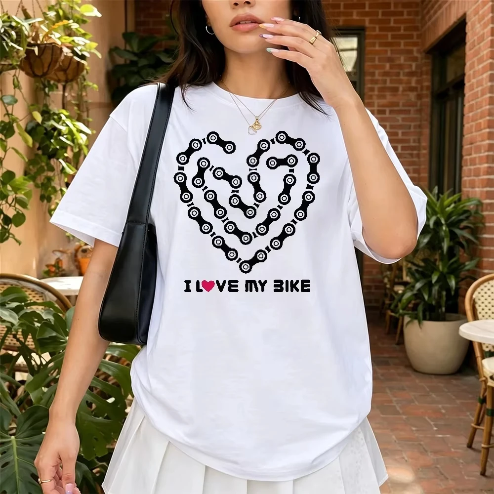 I Love My Bike Bicycle Chain Heart Graphic Tee Vintage Short Sleeve Cotton Tops Loose Cycling Sports Aesthetic Women Clothing