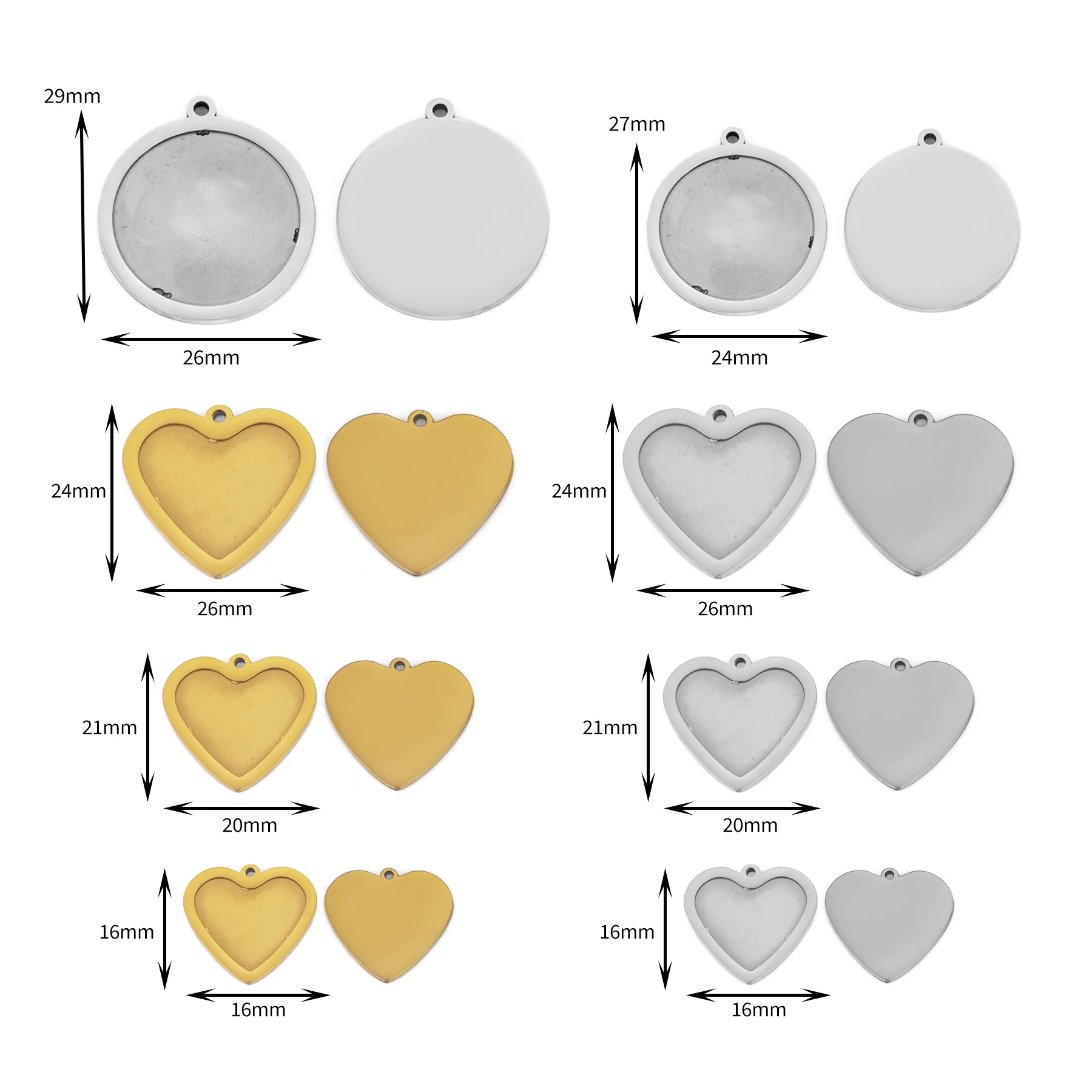 4 Stück/Set Edelstahl Polierte Fotorahmen-Anhänger-Rohlinge Herz Runde Cabochon-Anhänger für DIY-Schmuck – Detail 1