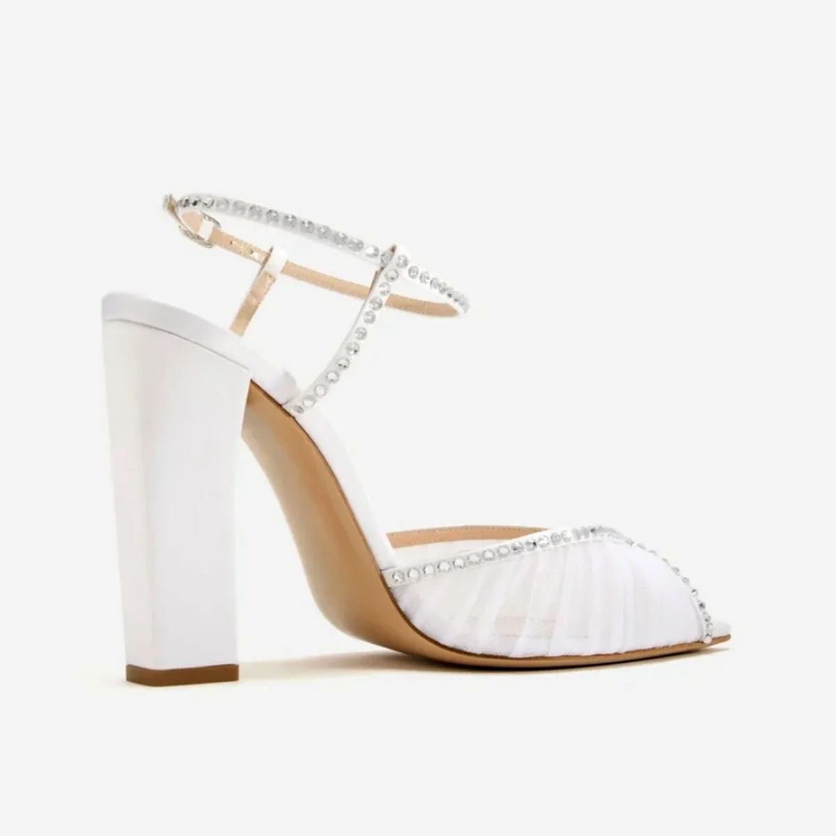 Arden Furtado Summer White Mesh Peep Toe Shoes Pointed Toe Super High Heel Crystal One Word Buckle Sandals Wedding Shoes