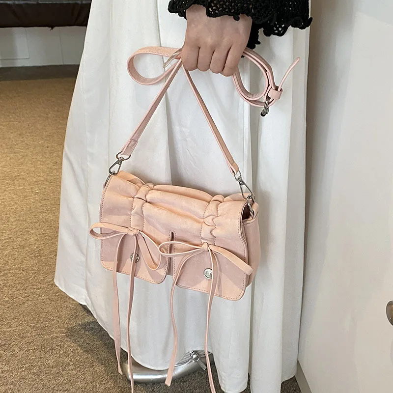 2024 Korean Fashion Fold Bow Handbags Small Square Shoulder Bags For Women Black White Pink Silver Trendy Daily Shopping HandBag