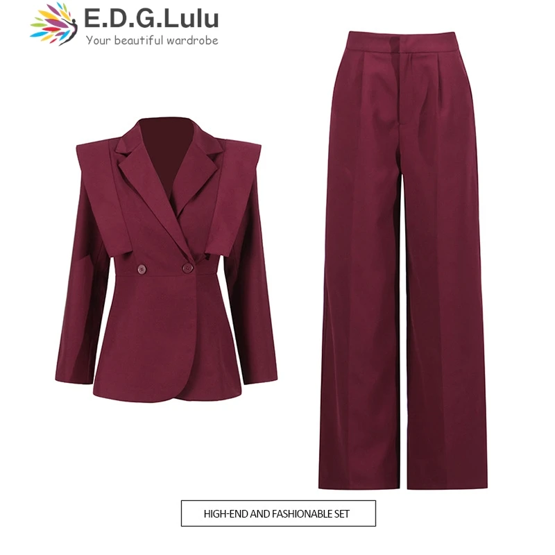 EDGLuLu  2 Piece Pant Suits For Women Blazer Jackets + High Waisted Straight Leg Pants Sets Red Suit Spring 2025 1230