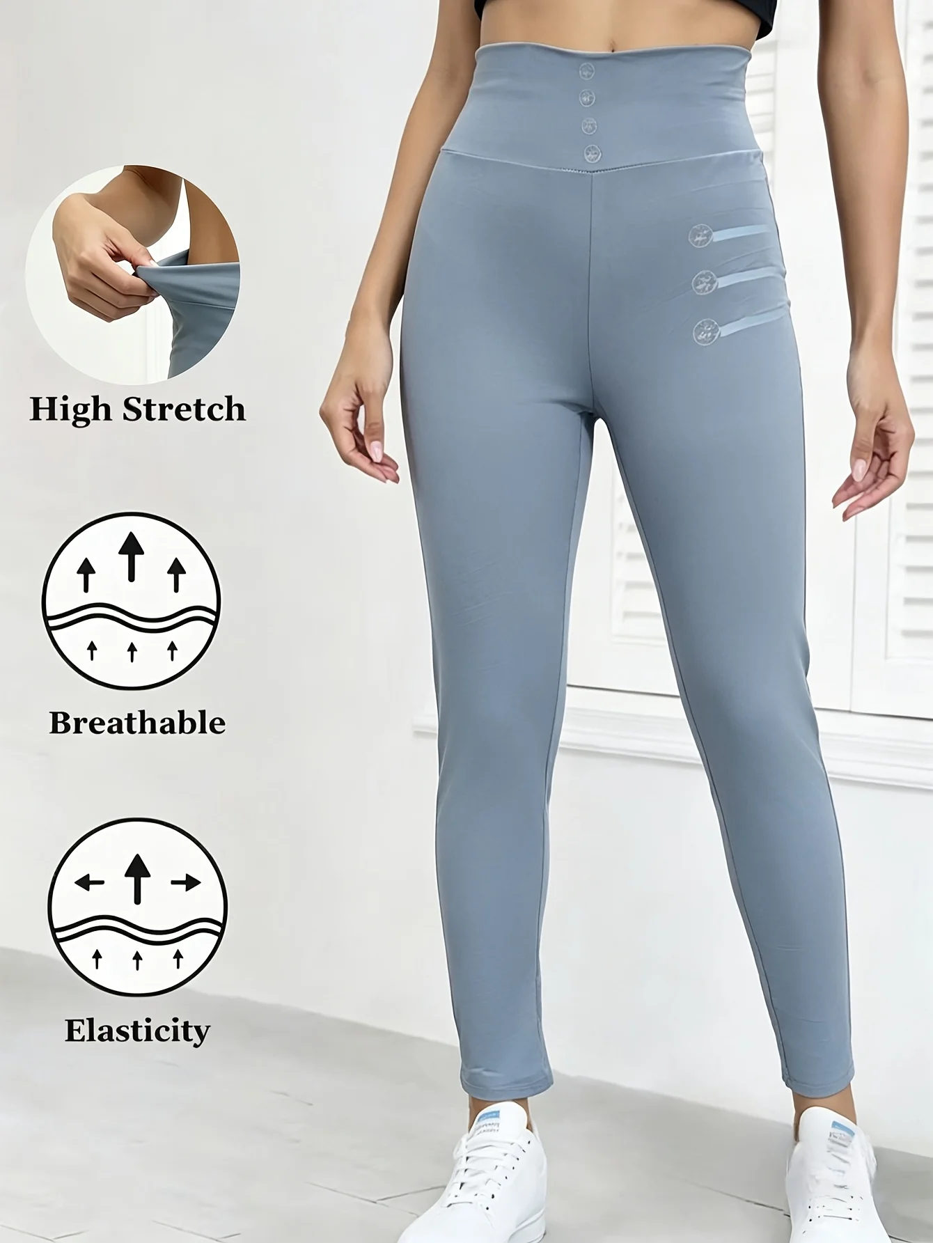 Smog Blue High Waisted Faux Button Leggings Stretchy Breathable Fitness Yoga Pants Stylish Casual nine point Leggings