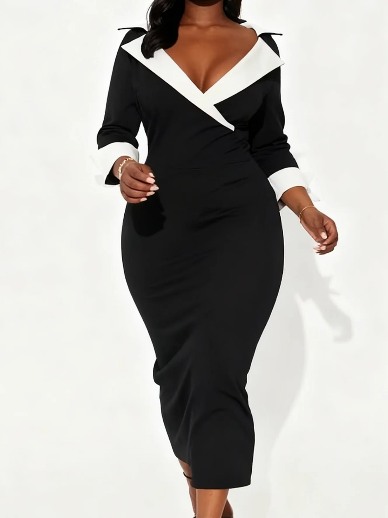 Vestido ajustado con escote en contraste para mujer, elegante vestido de mujer de longitud media con cuello bloqueado de color, moderno y colorido