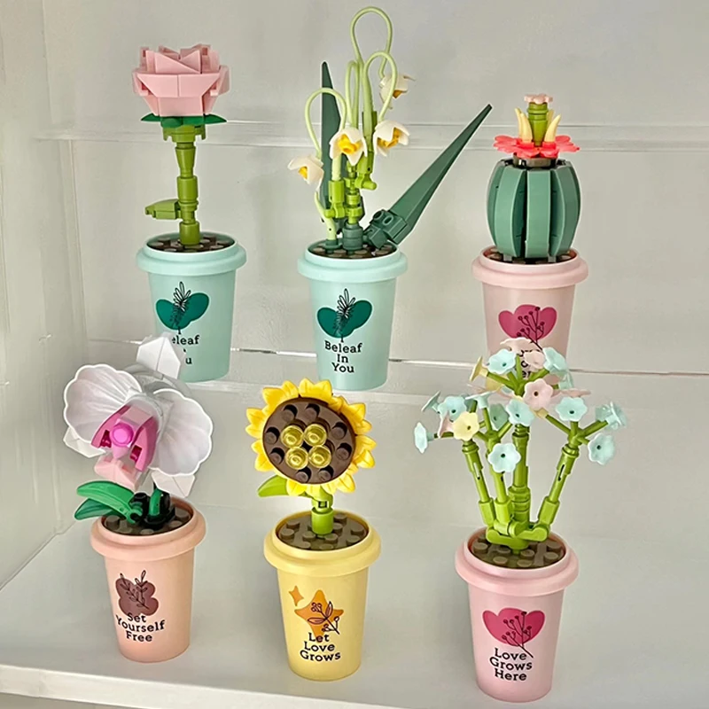 JAKI DIY MOC Potted Plants Vase Cup Succulents Cactus Gypsophila Mountain Lotus Decorate Building Blocks Sets Kits Toys