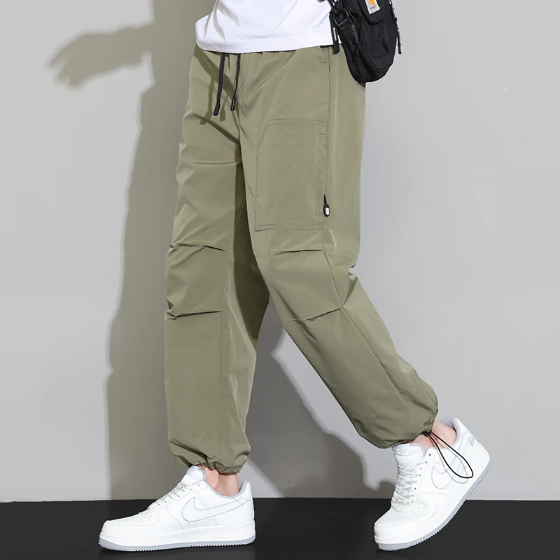 

Men's Spring Autumn Solid Color High Waisted Elastic Pockets Casual Loose Wide Leg Cargo Trousers Fashionable Clothing Pants