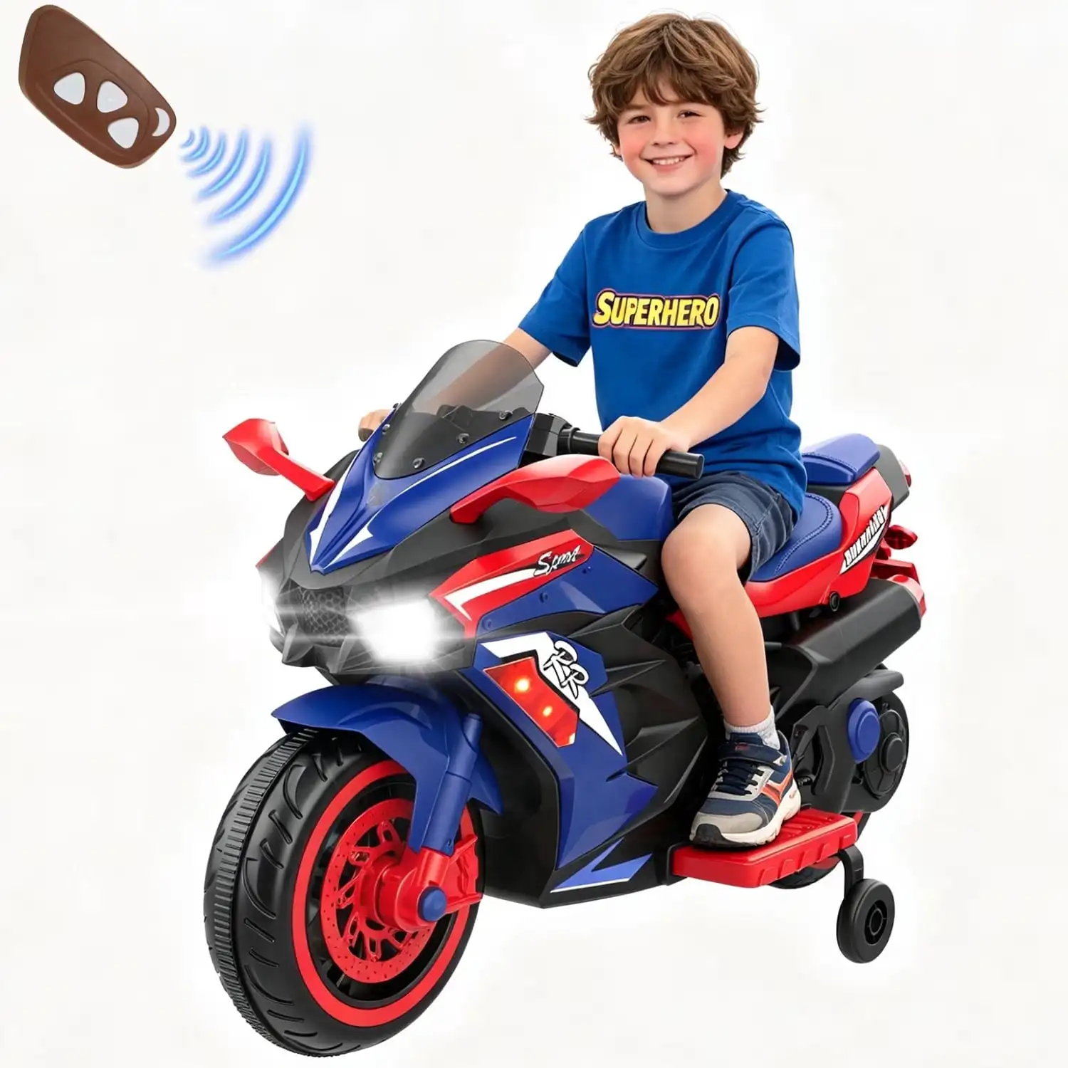 Kids Electric Motorcycle Ride On Toy, 12V 7Ah Battery Powered Toddler Motorbike for Boys Girls Ages 3-5, 4 MPH Max Speed, LED Light Up Wheels, Headlights, Bluetooth Music, Training Wheels, Electric Sport Bike Gift