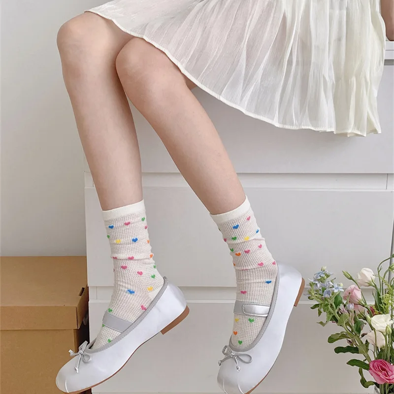 Multicolor Polka Dot Women Socks Summer Thin Hollow Out Meah Breathable Long Socks Japanese Kawaii Cute Sweet Girls Ruffle Socks