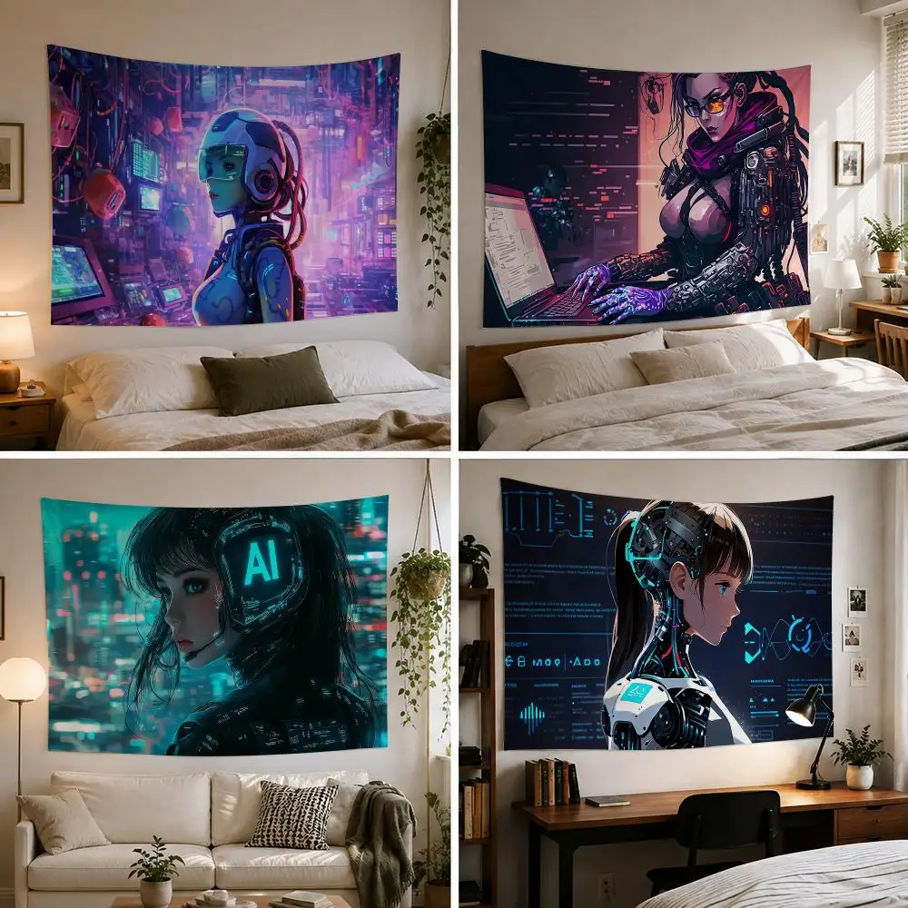 Robot Girl Coding Tapestry Custom Living Bedroom Party Dormitory Interior Wall Bohemian Decoration Attached Clip