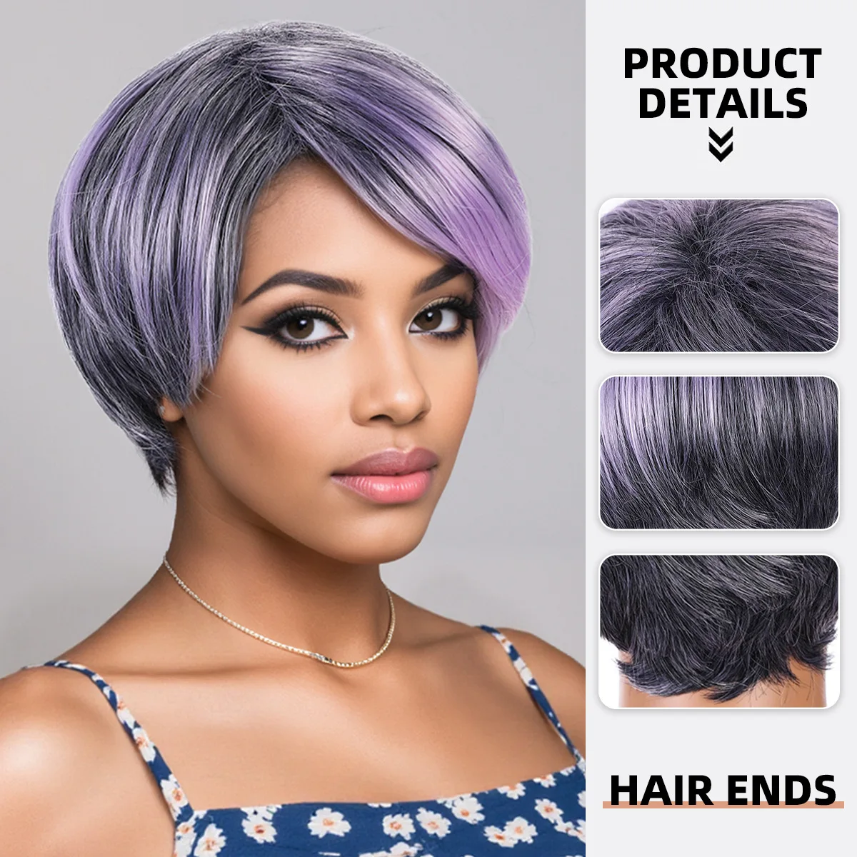 Wig, European and American new short hair, purple hair cover, slanted bangs, short hair for daily use