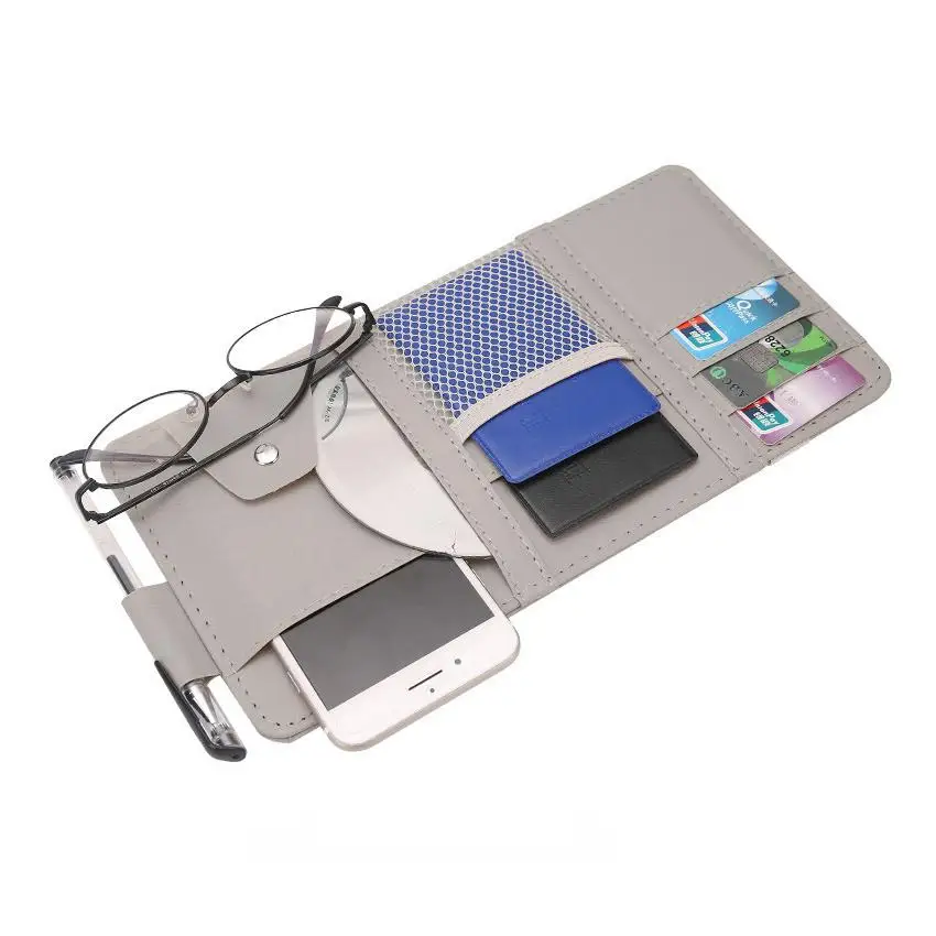 Car Sun Visor Organizer Multi-Pocket Car Visor Storage Pouch With Glasses Clip PU Leather Cards Receipts Pouch With Zip