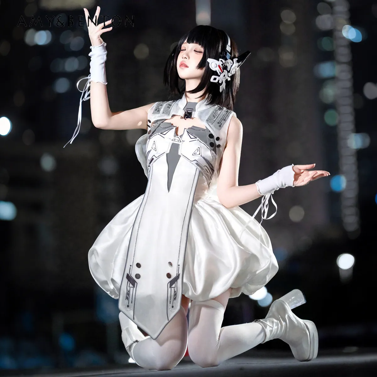 

Cyberpunk Lolita Dress Women Futuristic Mecha Girl White Bubble Skirt Harajuku Anime Cosplay Costume Goth Style Party Dresses