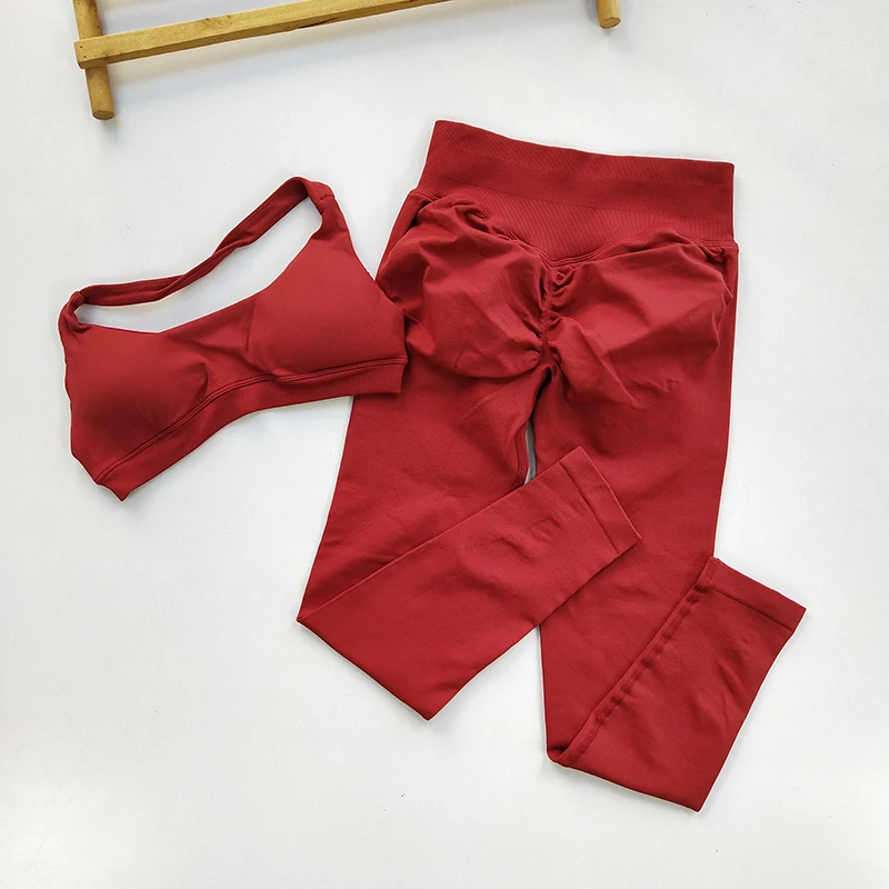 Sports Suit Women's Running 2PCS Set Seamless Yoga Thin Straps Beautiful Back Fitness Bras Gym High-waisted Peach Leggings Sets image 4