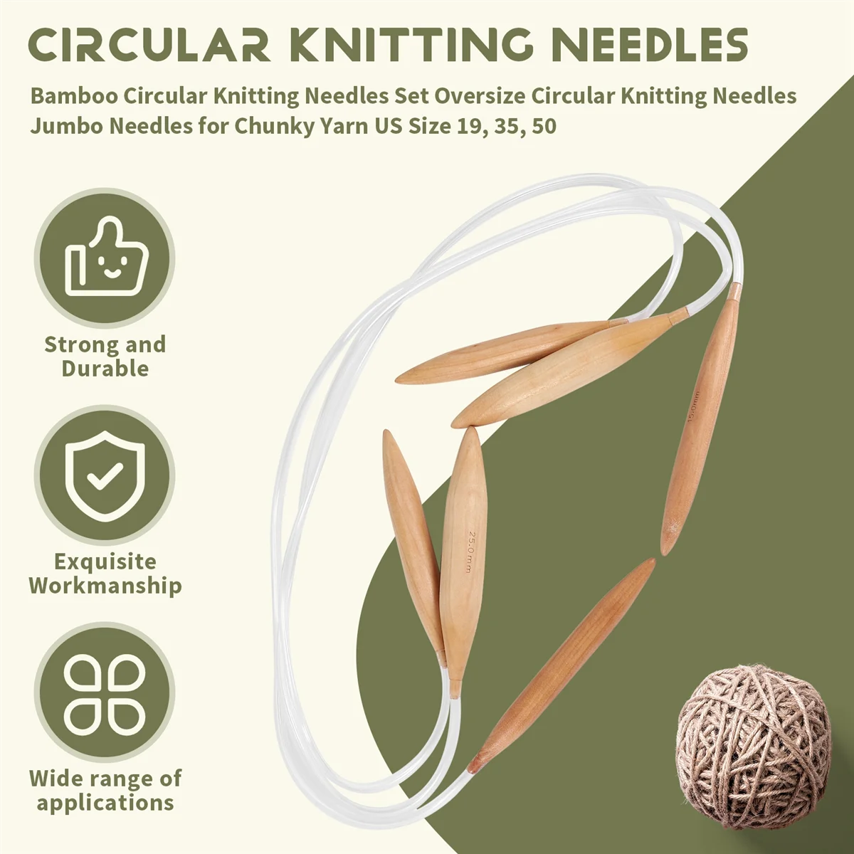 ABNH Bambus-Rundstricknadel-Set, übergroße Rundstricknadeln, Jumbo-Nadeln für klobiges Garn, US-Größe 19, 35, 50