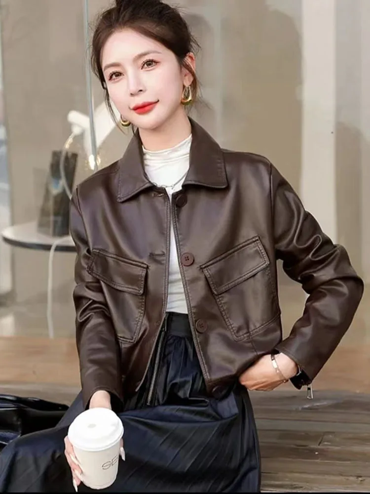 Faionable ort Leather Jaet Women's Autumn 2024 Loose Slimming Korean Sle Mechanical Wind Outerwear  Collar Button