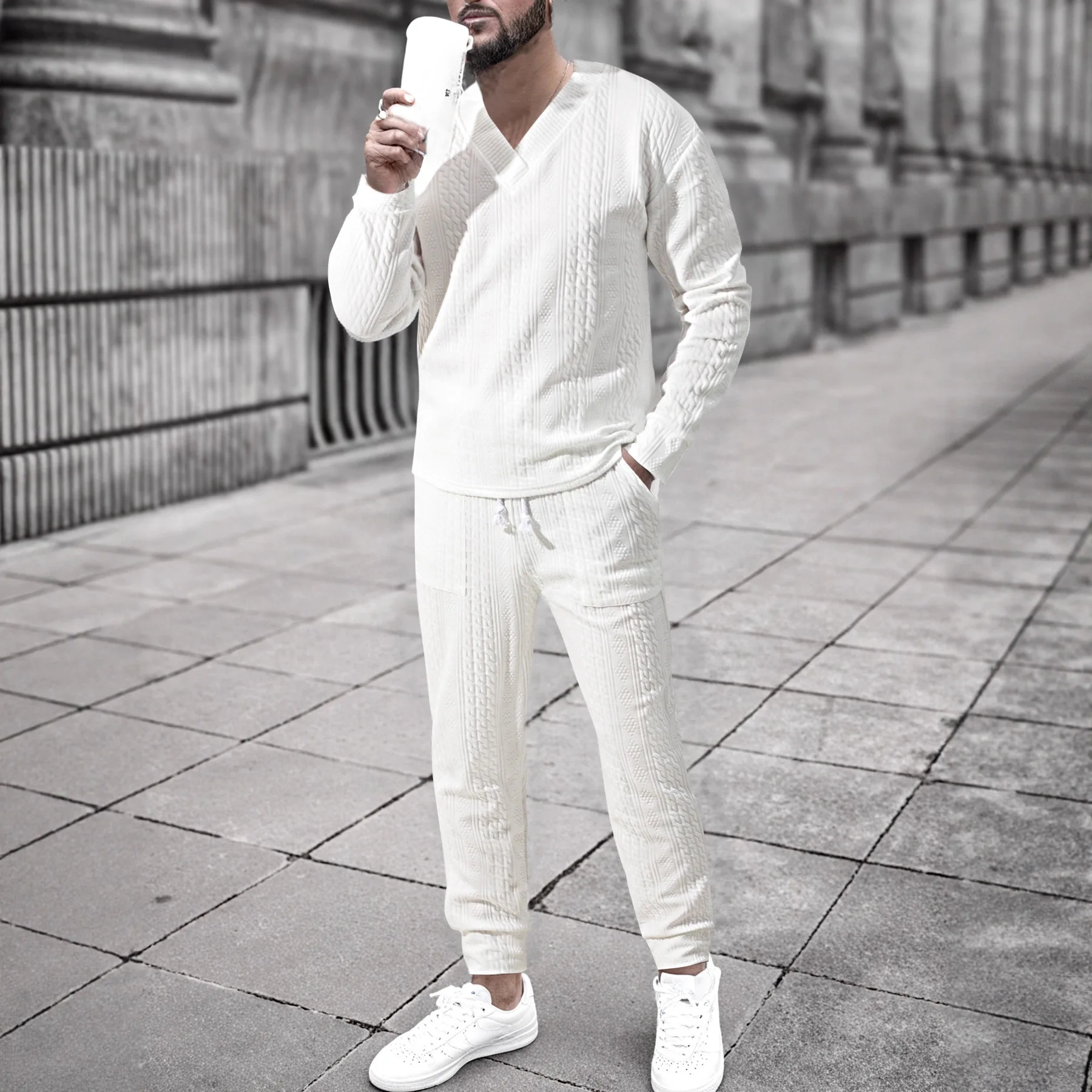 2025 autumn and winter new jacquard personalized hip-hop large size drawstring men's casual long-sleeved trousers suit