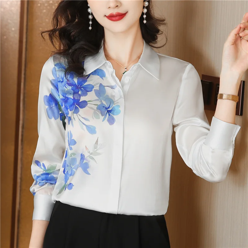 Spring Autumn Long Sleeve Printed Shirt Tops Women Office Lady Turn Down Collar Satin Silk Blouse Elegant Femme Blusas Clothing