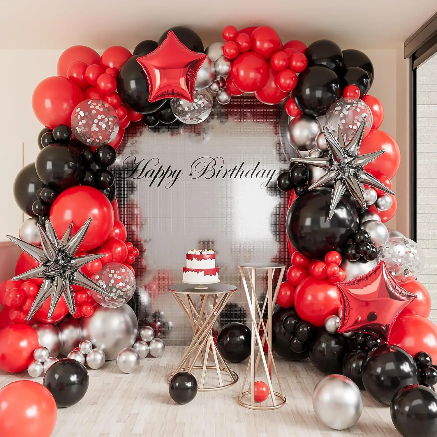 152Pcs Red Black Balloons Arch Garland Kit-Metallic Silver Balloons for Wedding Engagement Birthday Baby Shower Party Decoration