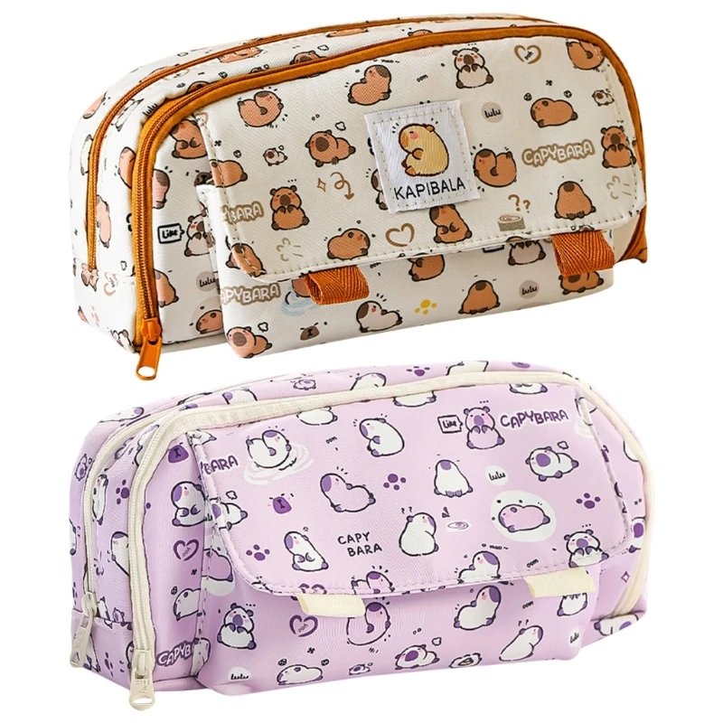 Capybara Canvas Pencil Case Students Writing Tools Storage Portable Pen Bag with Multiple Compartments