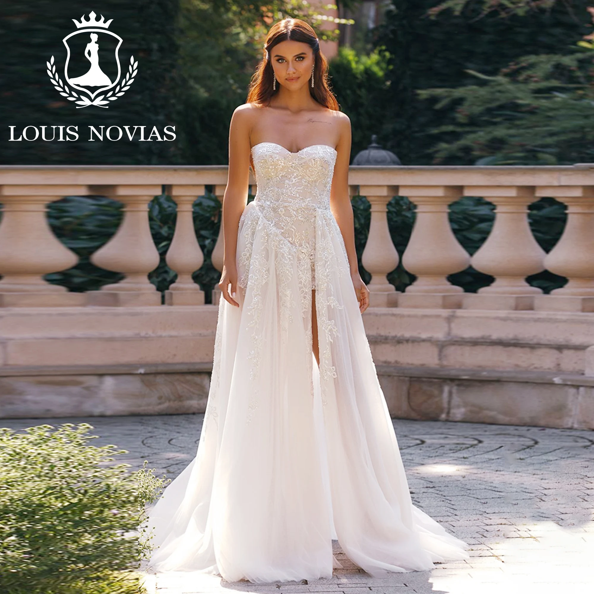 LOUIS NOVIAS-Vestido de noiva sereia lantejoulas para mulheres, acima do joelho, trem destacável, vestido de casamento, decote querido, 2023