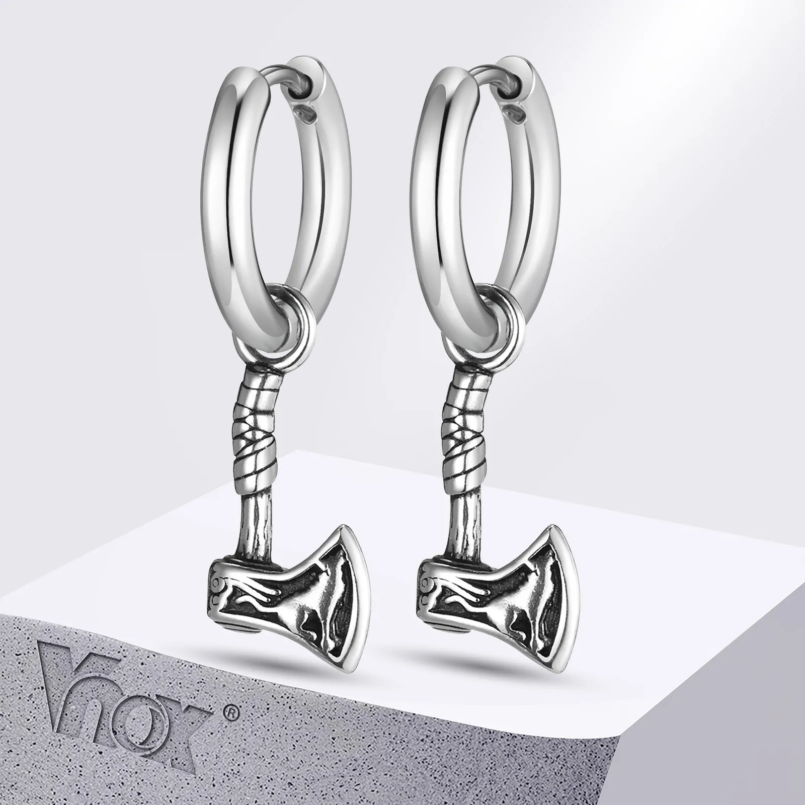 Vnox Viking Axe Hoop Earrings for Men, Stainless Steel Drop Dangle Ear Jewelry, Retro Norse Mythology Hatchet Jewelry Gift