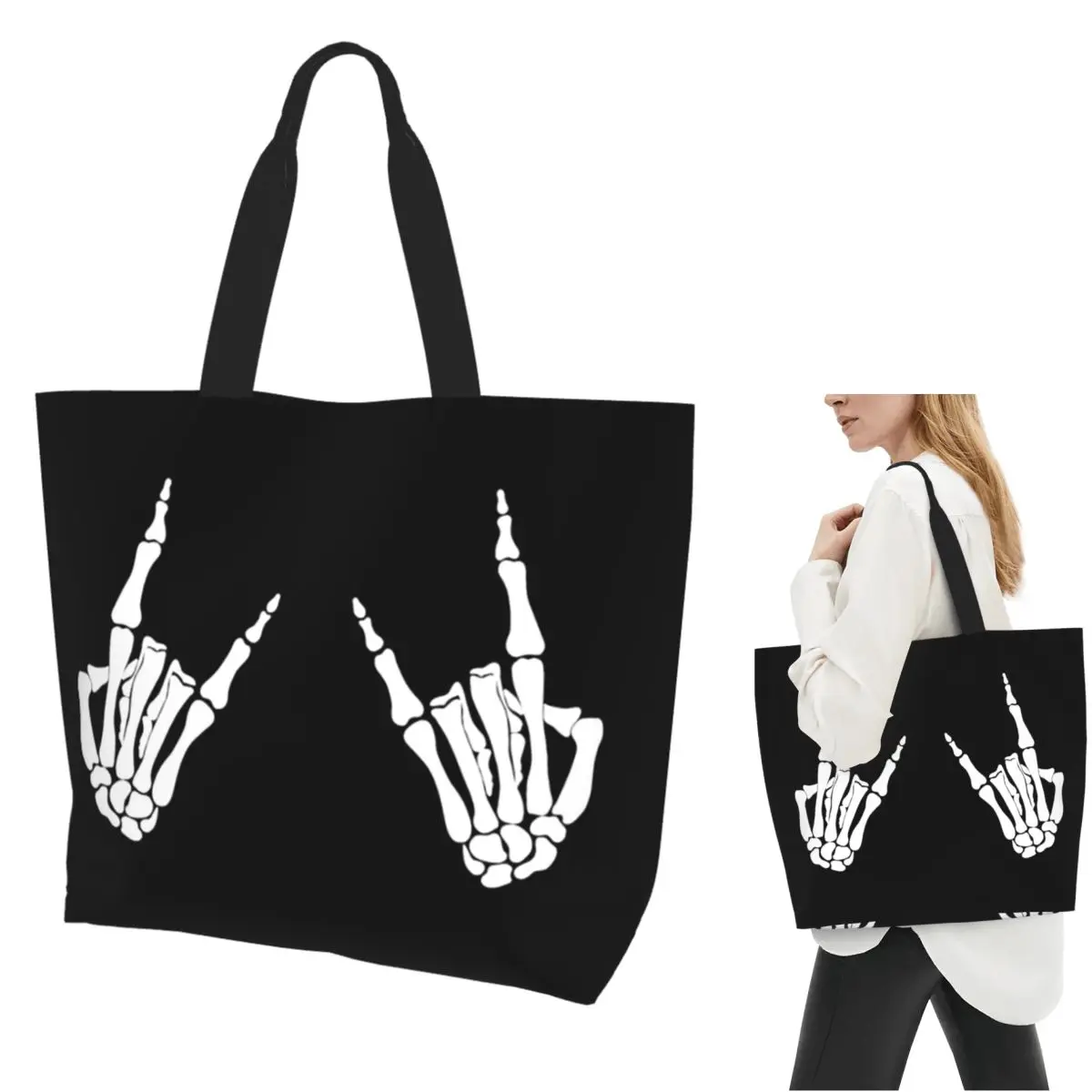 Skeleton Hands Gestures Print Shopping Tote Bag Canvas Large Capacity Shoulder Bags Shopper Grocery Handbag for Women