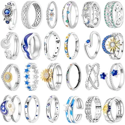 Original 925 Sterling Silver Ring Sun Moon Star Airplane Clover Sunflower For Girls Valentine's Day Birthday Jewelry Gifts