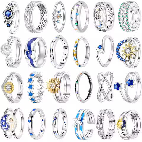 Original 925 Sterling Silver Ring Sun Moon Star Airplane Clover Sunflower For Girls Valentine's Day Birthday Jewelry Gifts