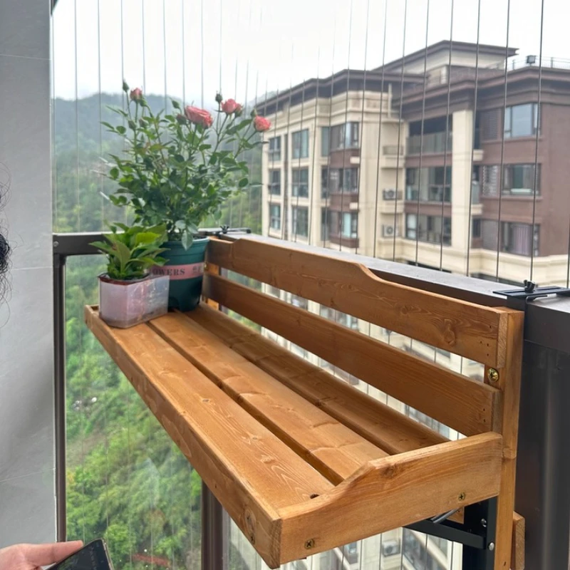 Balcony Railing Hanging Table Foldable Wooden Bistro Bar Table Space-Saving Hooks Desk Outdoor Indoor Hanging Shelf