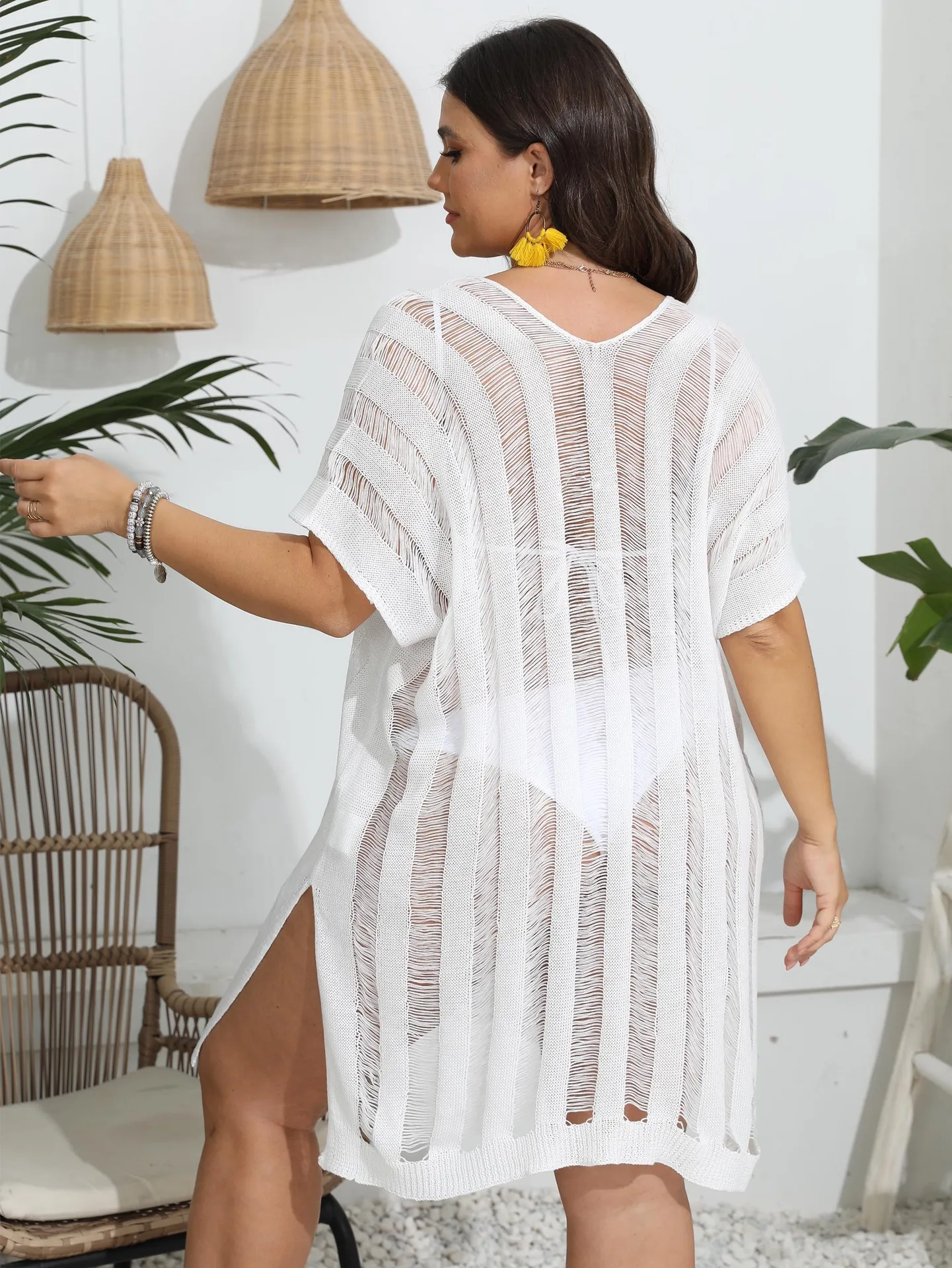 Vestido de playa de talla grande con rayas tejidas para mujer, traje de baño de talla grande con huecos, Túnica Sexy con escote en V profundo, Vestido de playa dividido en 3 colores