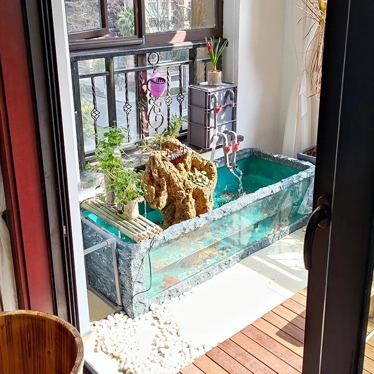 Living room, balcony, courtyard, ecological circulation, filtration, large glass landscape, fish pond, waterfall, flowing water