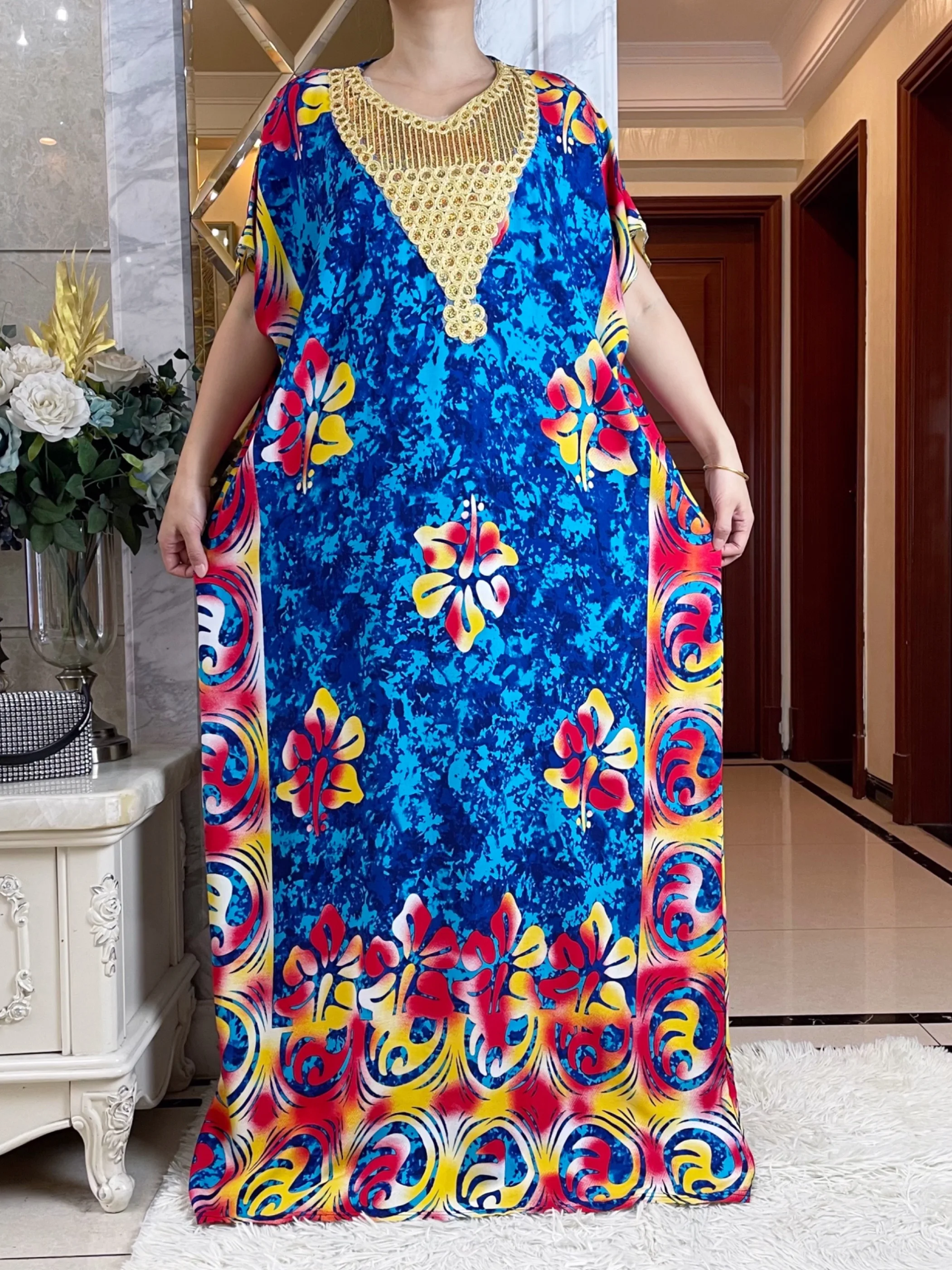 2024 Dubai Muslim Cotton Dress With Big Scarf For Women Loose Maxi Robe Femme Musulmane African Summer Printing Floral Abaya
