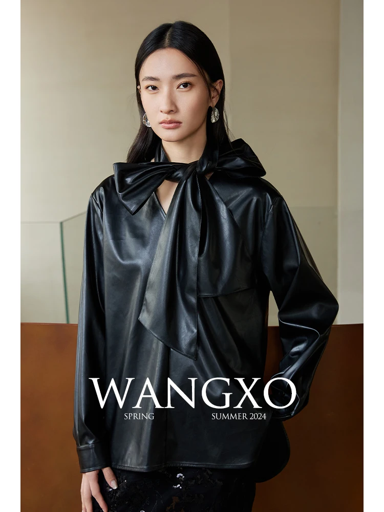 

WANGXO Премиум-рубашка из экологичной протеиновой кожи свободного кроя с V-образным вырезом и большим бантом, в корейском стиле, для повседневной носки