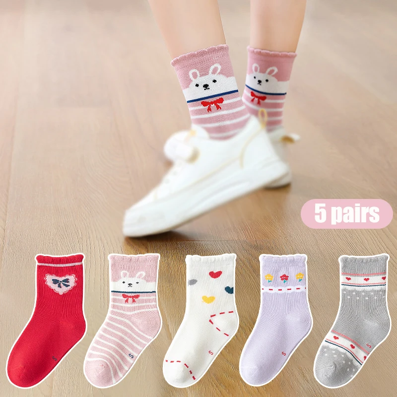 Kids Girls Socks 5 Pairs Set Spring Autumn Cotton Cute Pattern Printed Children Little Girl Medium Stocking Clothing Accessories