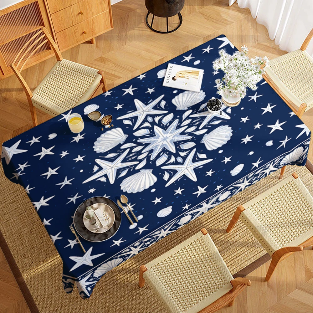 Starfish Shell Polyester Tablecloth, Navy Blue Star Design Table Cover, Dining Table Cover, Picnic Blanket, Camping, Party