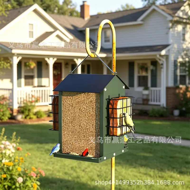 Wrought Iron Bird Feeder House Shaped Hanging Garden Decor Metal Outdoor Courtyard Ornament Handicraft