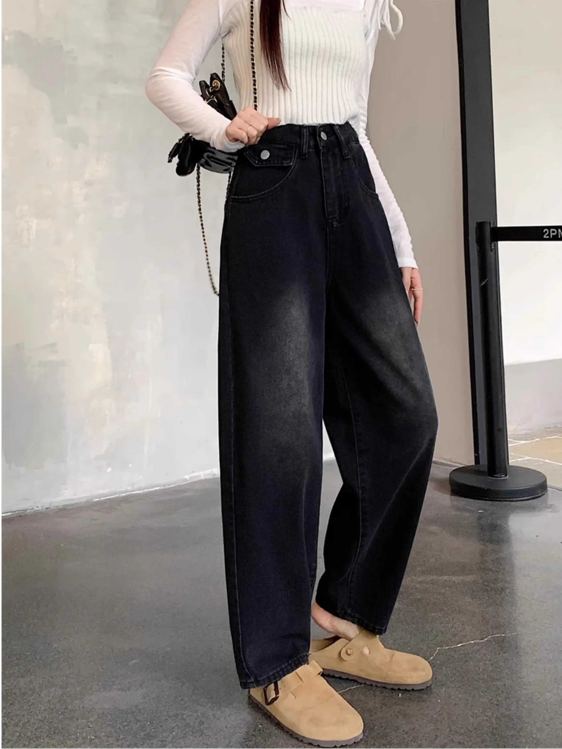 

High Waist Wide Leg Jeans plus Size Women's Autumn Winter New Style Cabbage Leaf Slimming Knife Dad Jeans Denim Pants