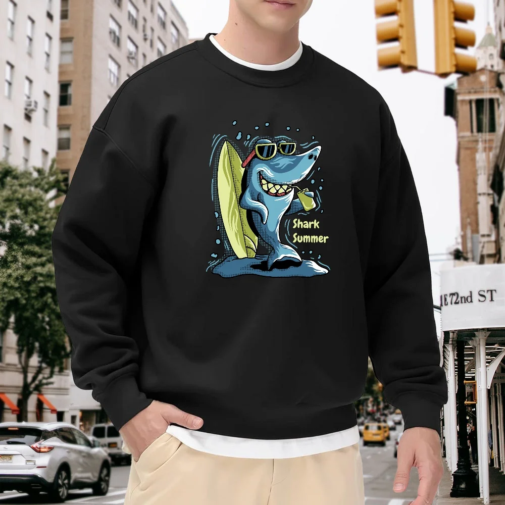 

Men's Black Crew Neck Loose Sweatshirt with Fun Shark Print, Casual Top for Everyday Street Style, Versatile for Sports, Comfortable, Breathable, Trendy Item