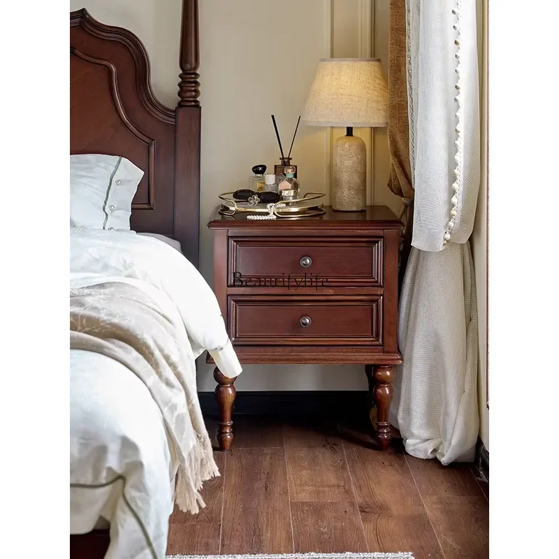 for 04American country solid wood bedside bedroom small cabinet storage black walnut cabinet retro furniture