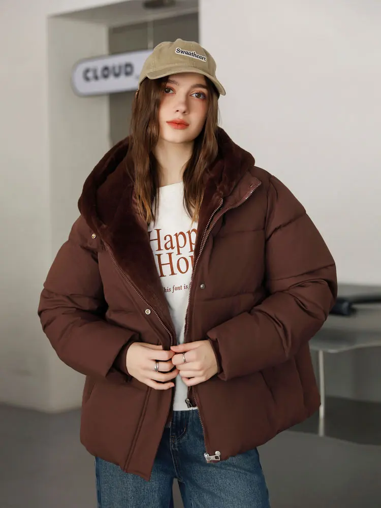

Down Padded Jacket Women's Short Winter Clothes 2025 New Korean Fake Two-piece Hooded Stitching Bread Jacket Outwear