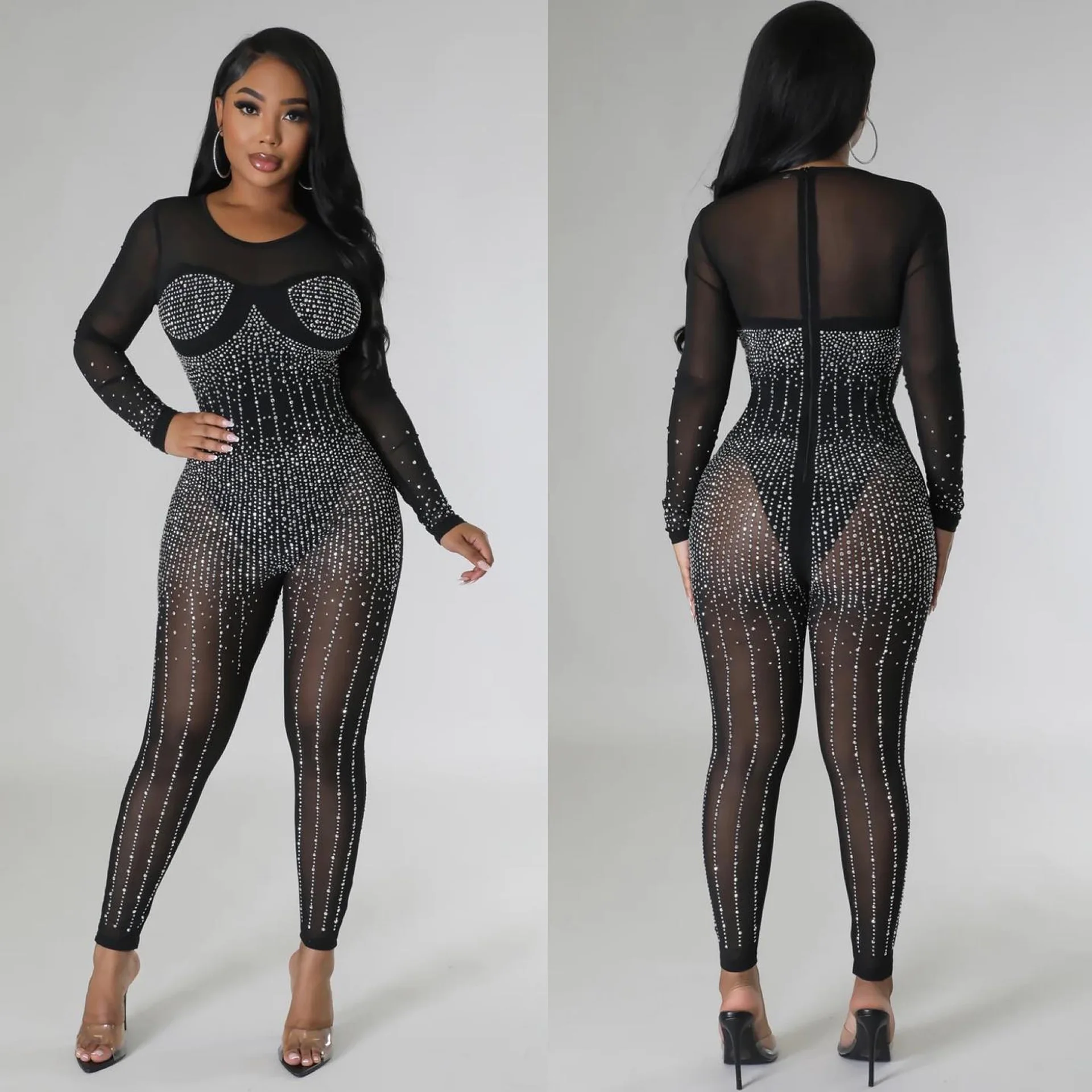 

Sexy Nightclub Party Gathering Club Prom Mesh Hot Rhinestone Deep V Cardigan Jumpsuit