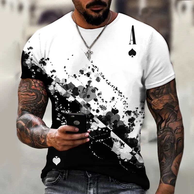 Camiseta de pôquer em preto e branco 3D masculina, gola redonda, blusa de manga curta, streetwear casual, camiseta unissex, verão, nova, 2023