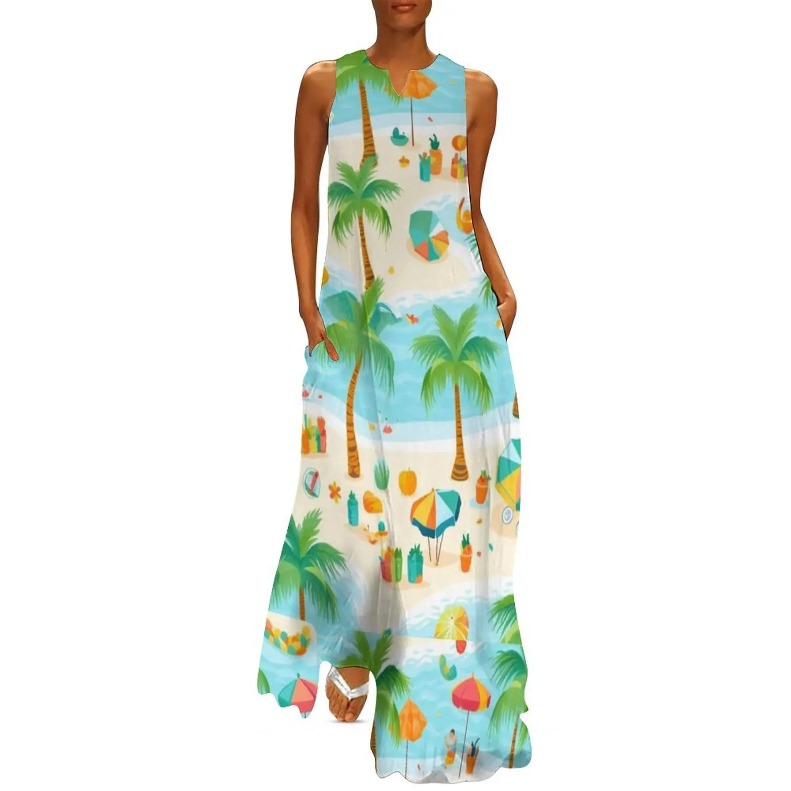 

Cartoon pictures with beach theme Long Dress summer dress woman 2024 luxury dress