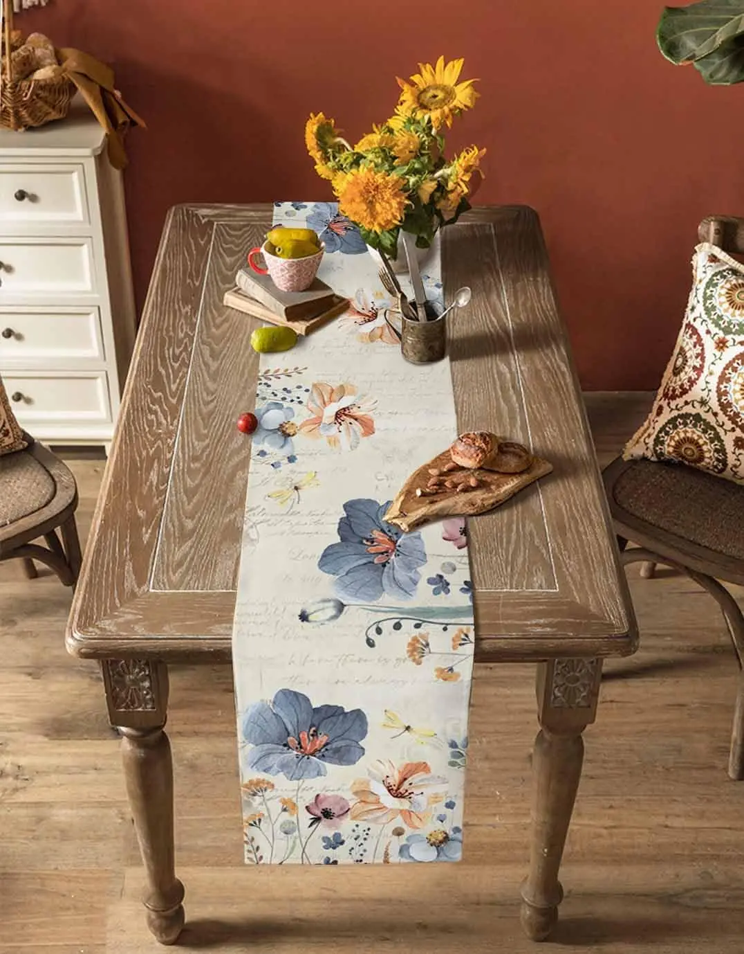 Watercolour Floral Summer Botanical Linen Table Runner Table Decoration Holiday Kitchen Dining Table Runners Wedding Party Decor