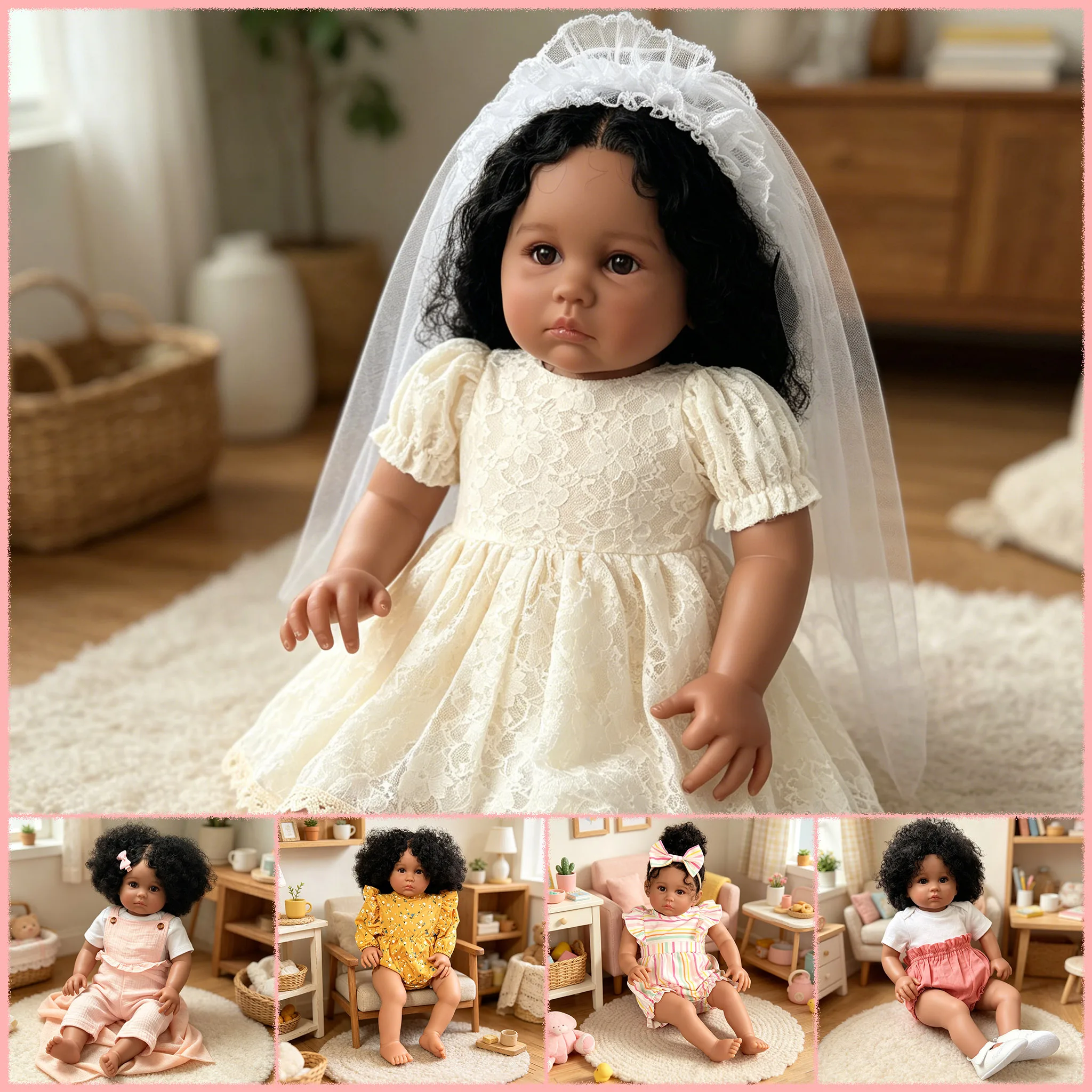 Multiple Styles Choose Julieata 24'' Reborn Doll Dark Skin Soft Cloth Body Hand-Root Hair Lifelike Toddler Collectible Art Doll