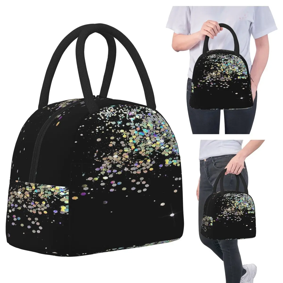 

Black And Holographic Sparkle Insulated Lunch Bag for Kids School Cooler Thermal Food Box Tote Portable Lunch Boxes Container