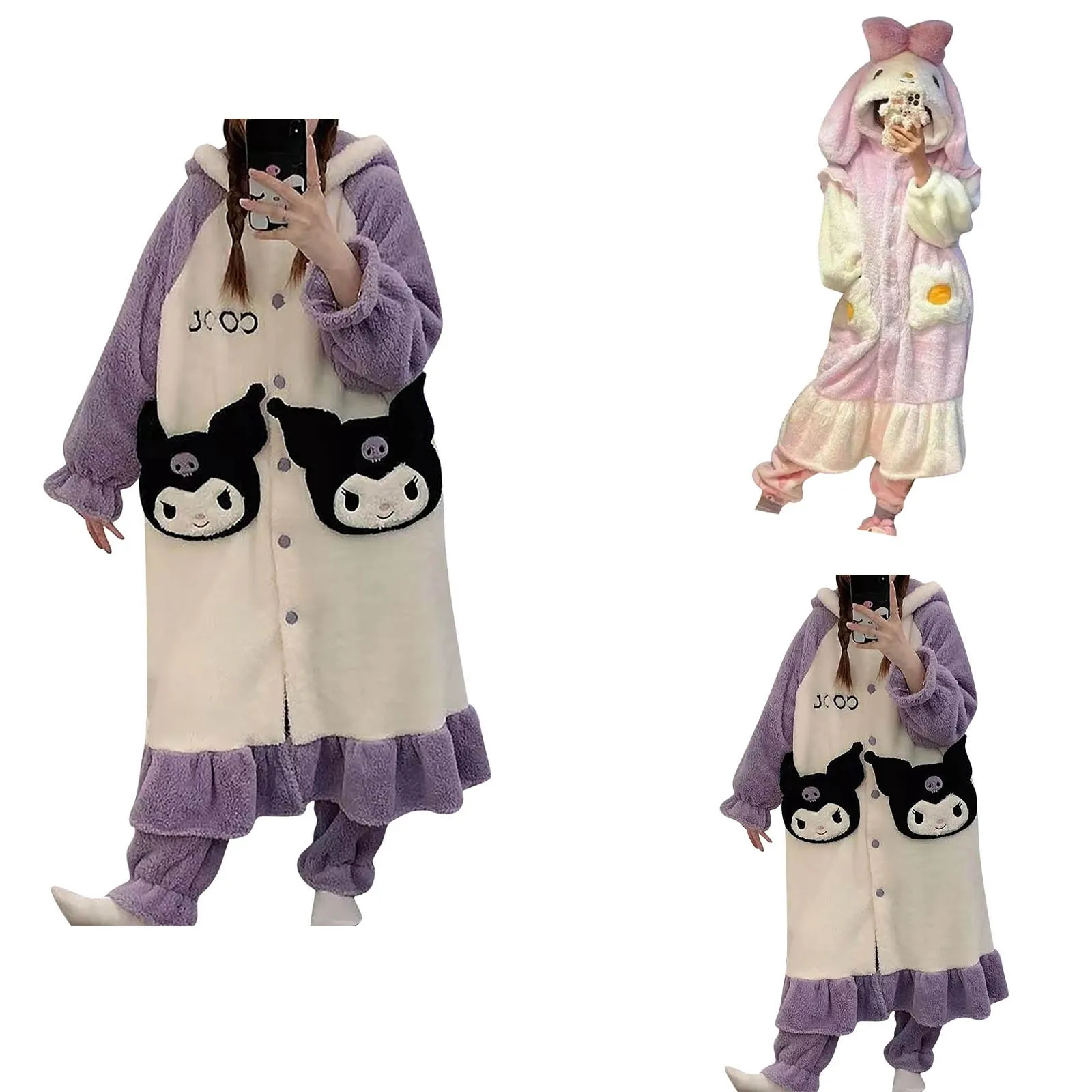 Cartoon Kuromi Coral Fleece Plus Velvet Thicken Nightgown Loungewear Girly Kawaii Winter Outdoor Long Style Hooded Home Clothes