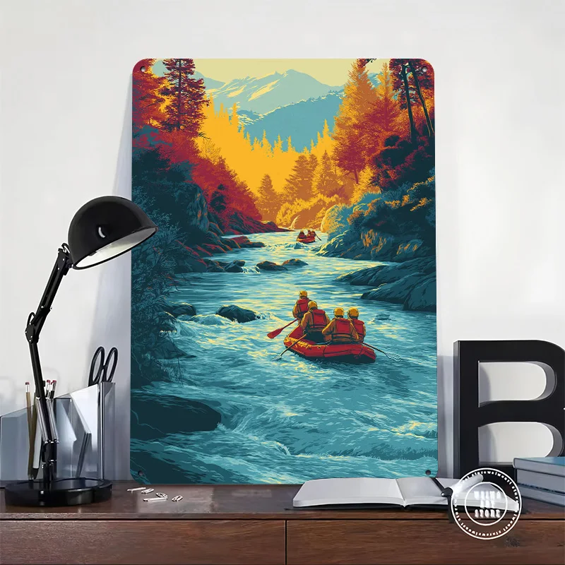 River Rafting Adventure in Autumn Landscape 3D Texture Metal Poster Customized Wall Art Tin Sign Gift for Mancave Wand Deko Home