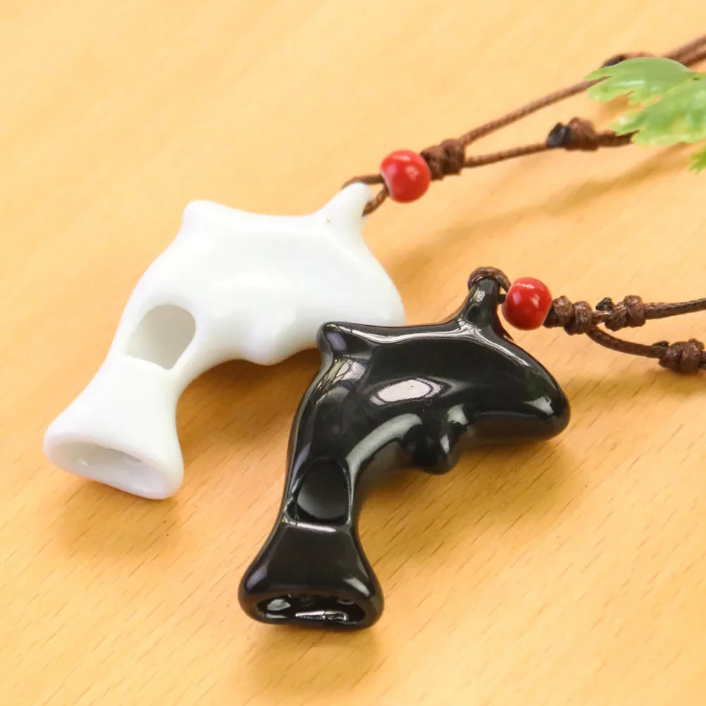 1PC Black White Dolphin Ceramic Pendant Necklace Multifunction Whistle Dangle Child Emergency Rescue Whistle Choker Jewelry Gift