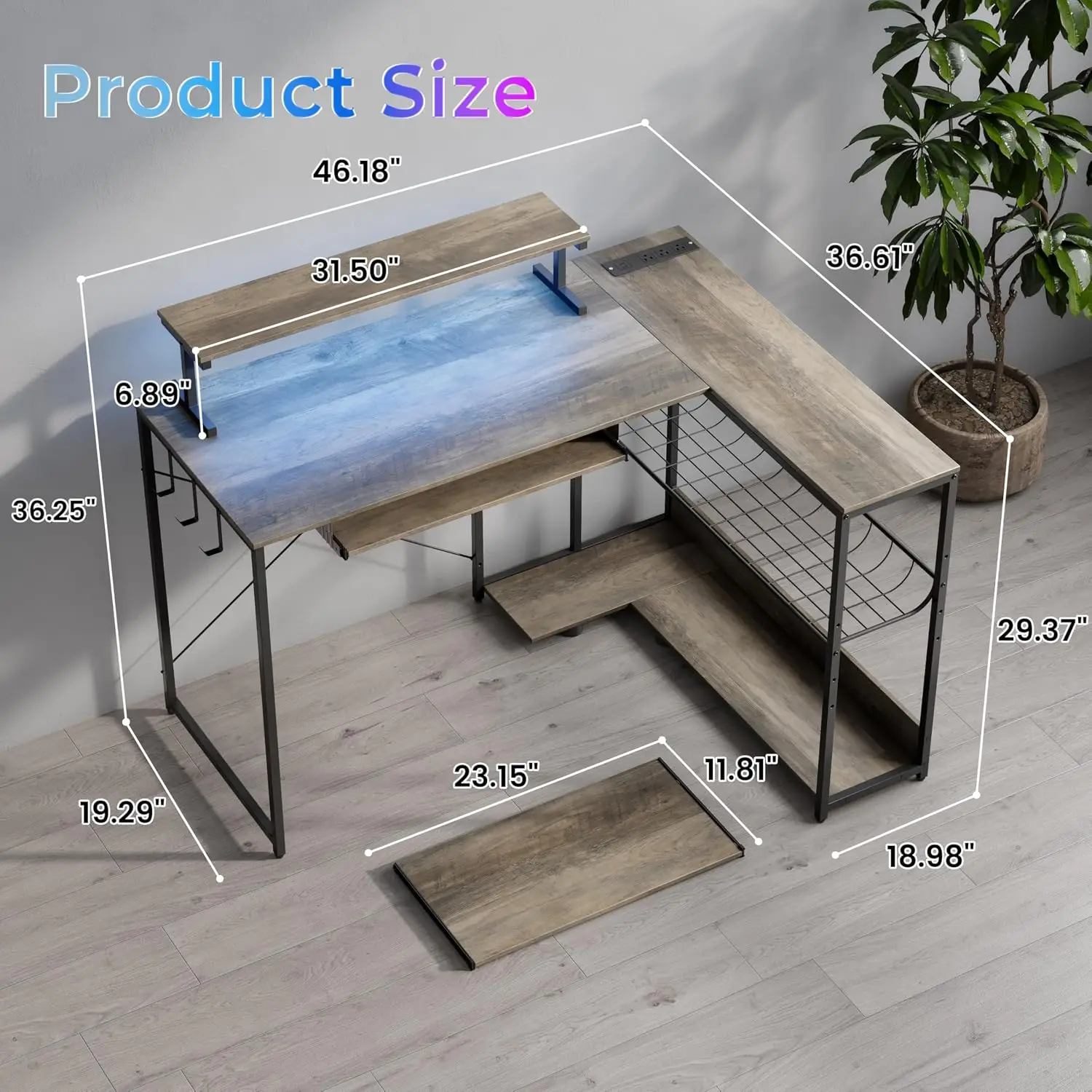 L Shaped Gaming Desk with Power Outlets & RGB Lights, 46'' L- Shaped Desk Computer Corner Desk with Monitor Stand &, Customized