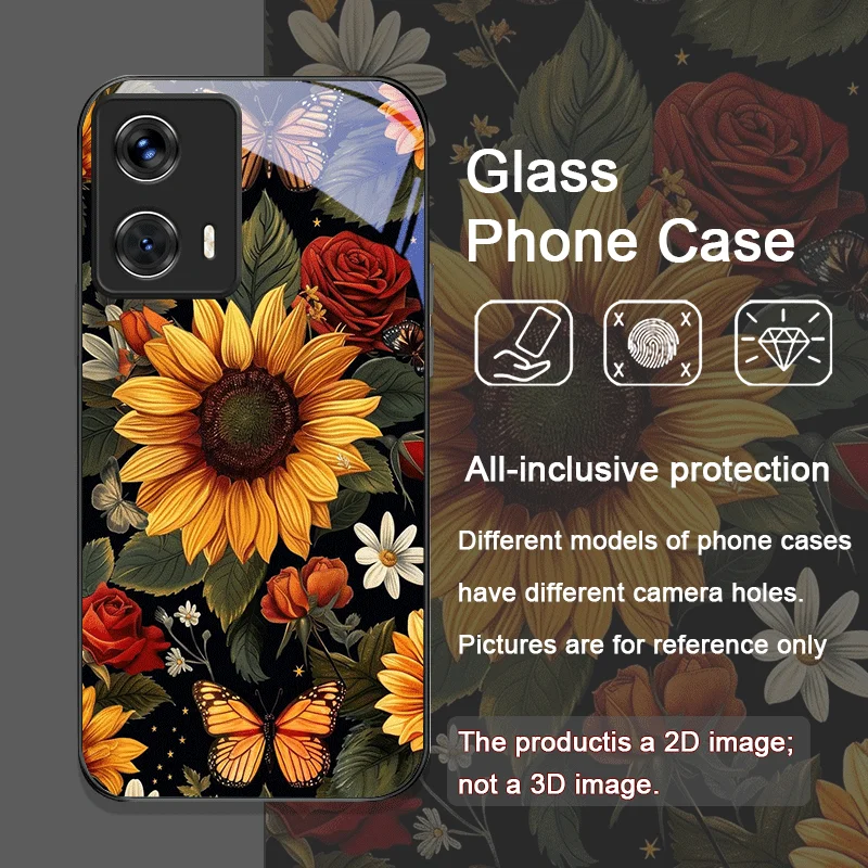 Vibrant Sunflower Floral Pattern Tempered Glass Phone Case for Motorola Moto G85 G84 G75 G55 Edge 50 Fusion 40 Neo 30 Pro Covers